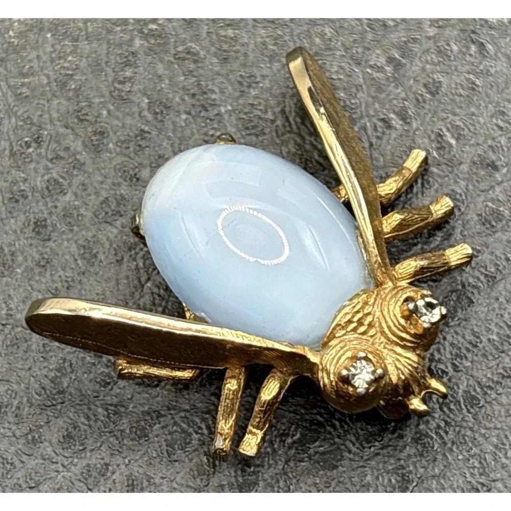 Vintage Jelly Belly Bee Insect Brooch Faux Moonstone Cabochon Crystal Rhinestone